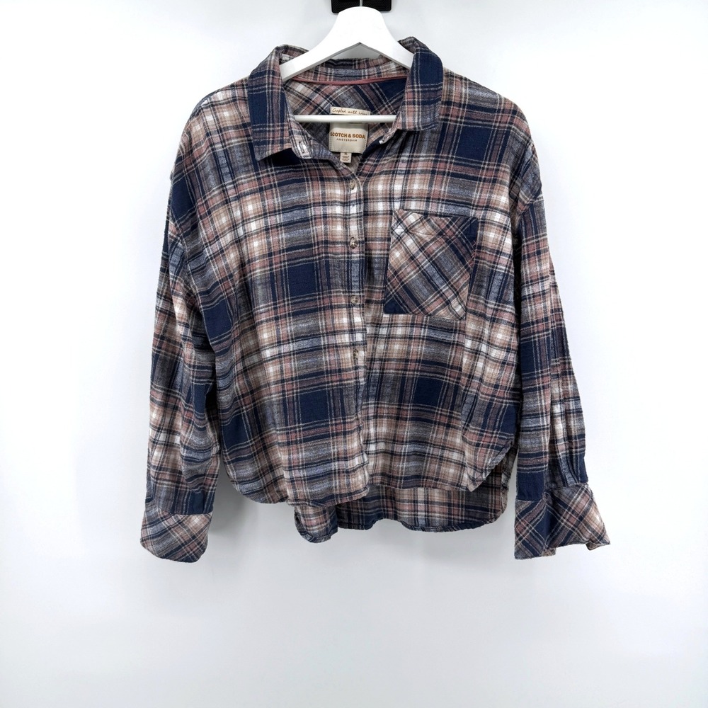 Scotch & Soda Flannel Shirt Plaid Button Down XL Navy Pink Womens Casual Top